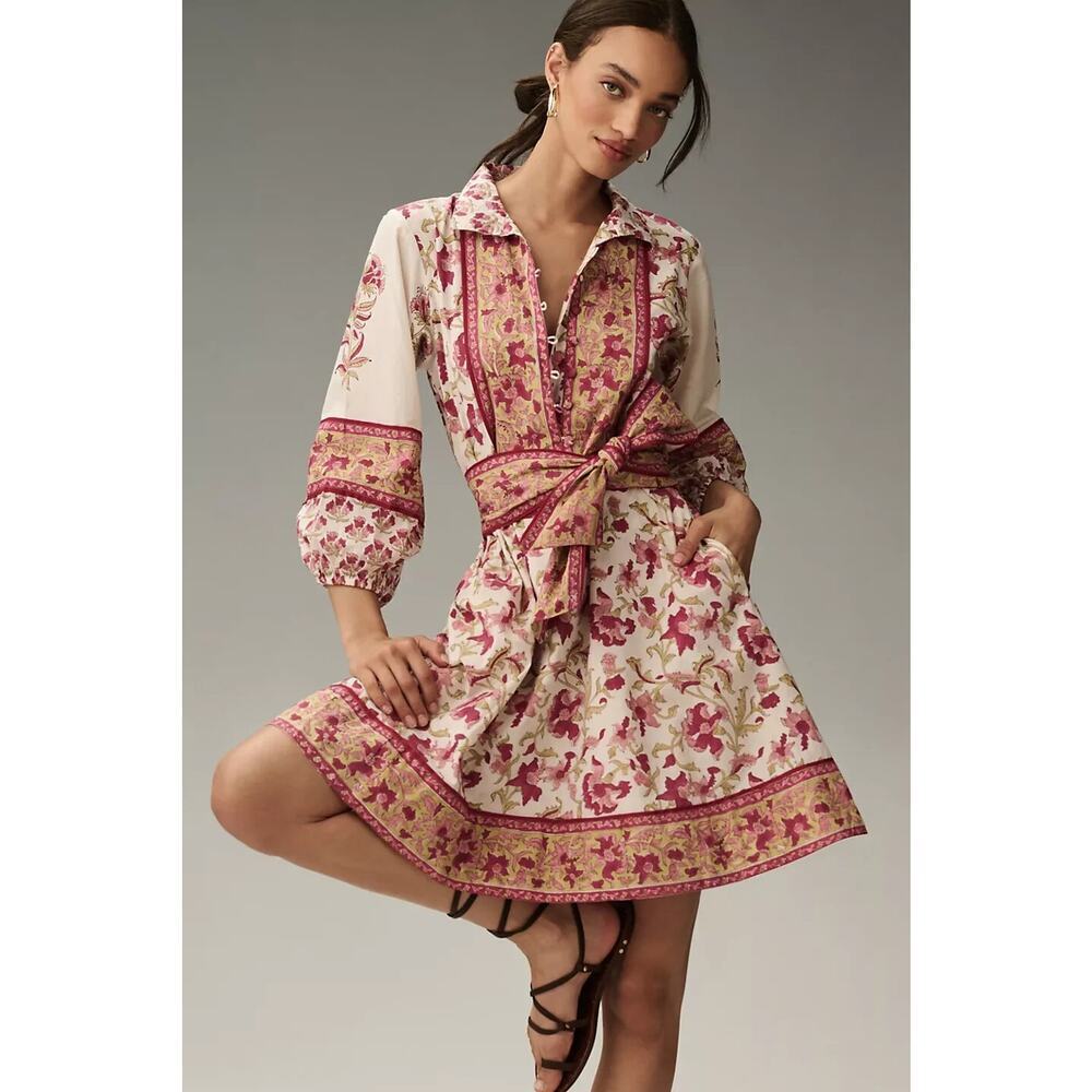 NWT Sue Sartor Long-Sleeve Flounce Mini Dress Size LP Petite Pink Combo #7E468